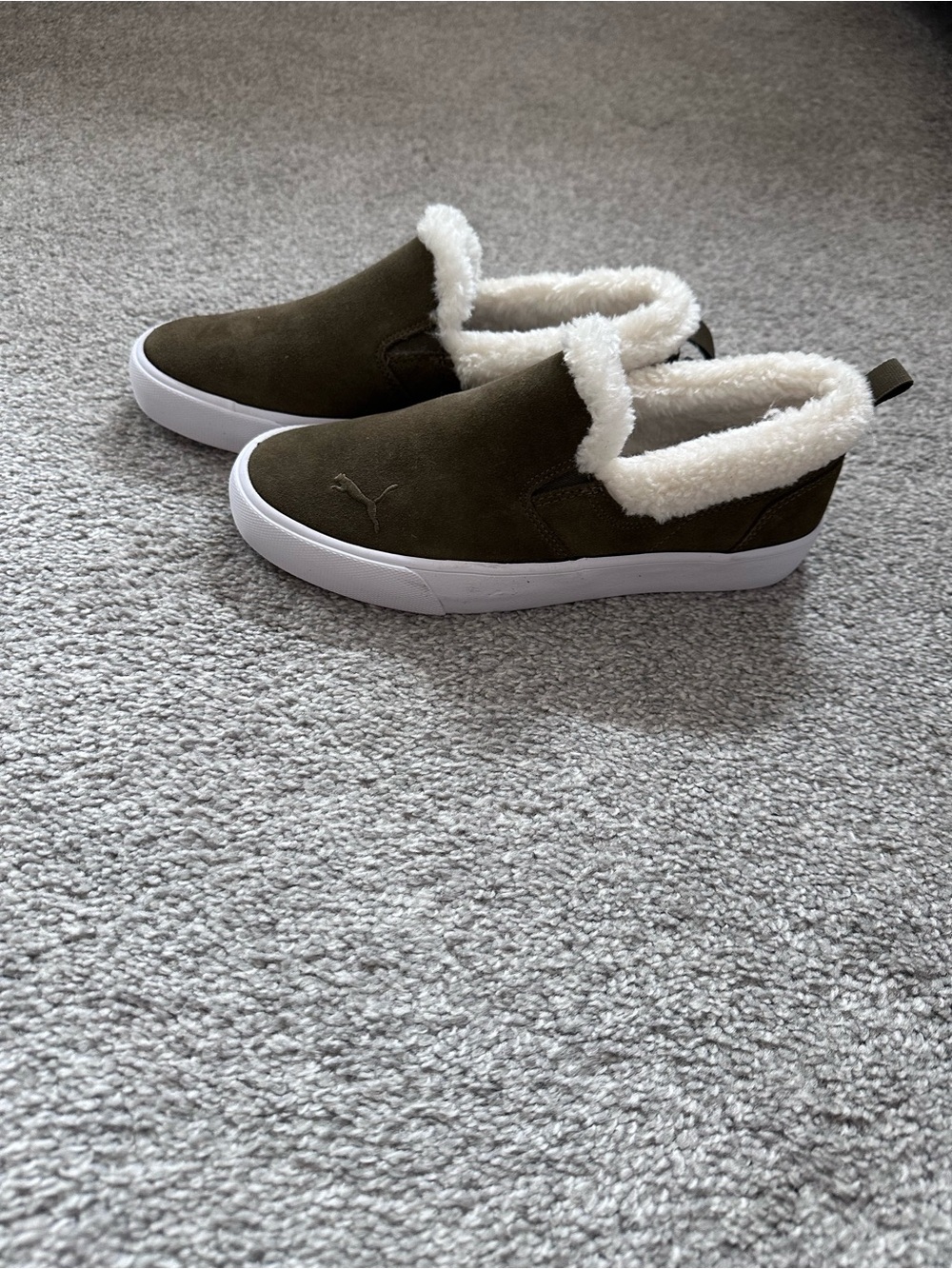 Puma Women's Olive Slip-On Sherpa Lined Slippers with White Sole